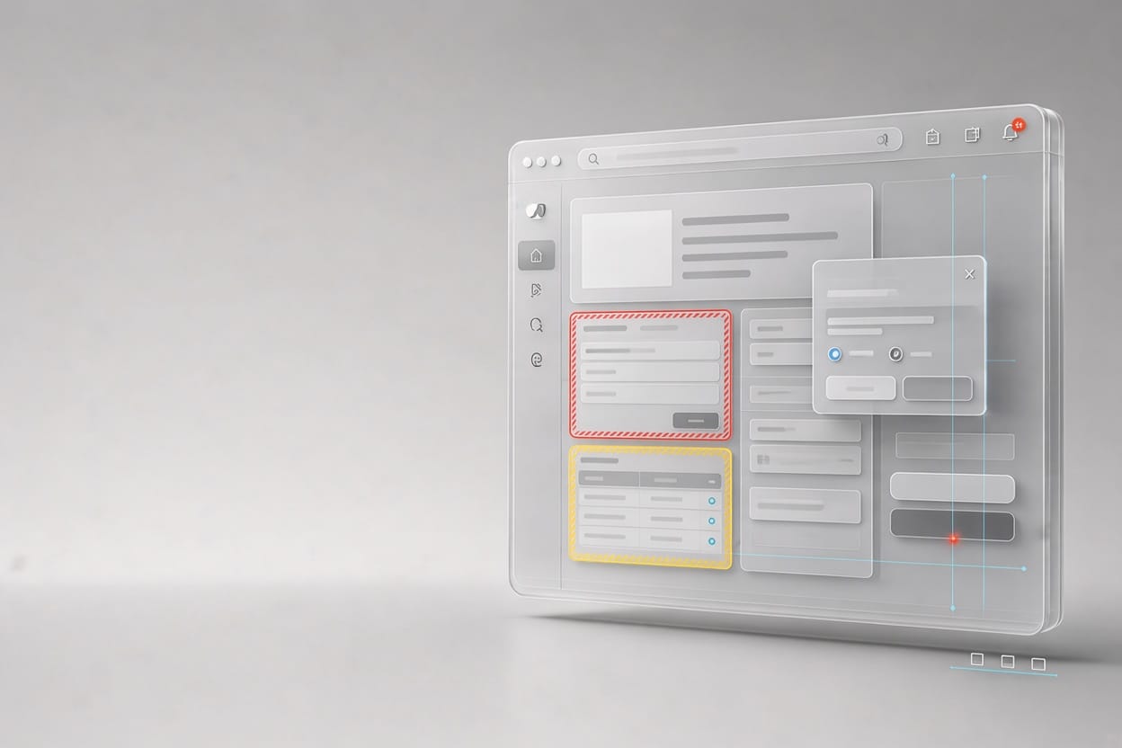 A frosted-glass application interface floating above a pale studio backdrop, with two panels flagged in red and amber and alignment guides drawn through the layout.